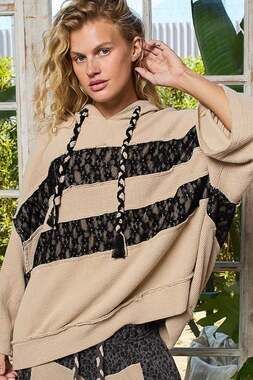 POL Oversized Retro Floral Lace Stripe Patch Hooded Waffle Knit Top